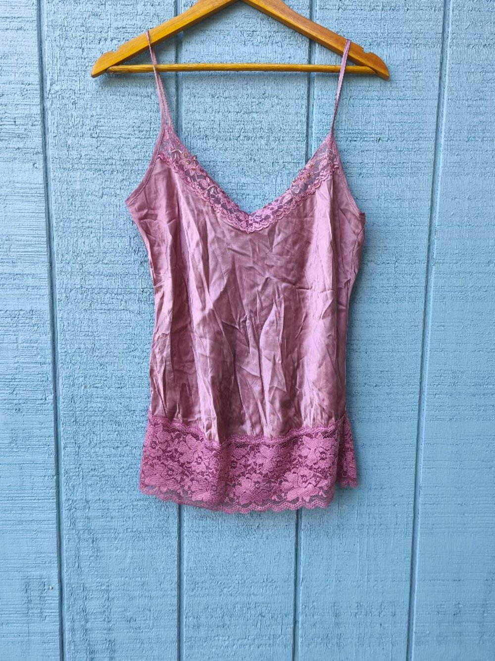y2k Windsor 100% Silk Lace Trim Beaded Cami Top sz M/L Mauve Pink Coquette Lux